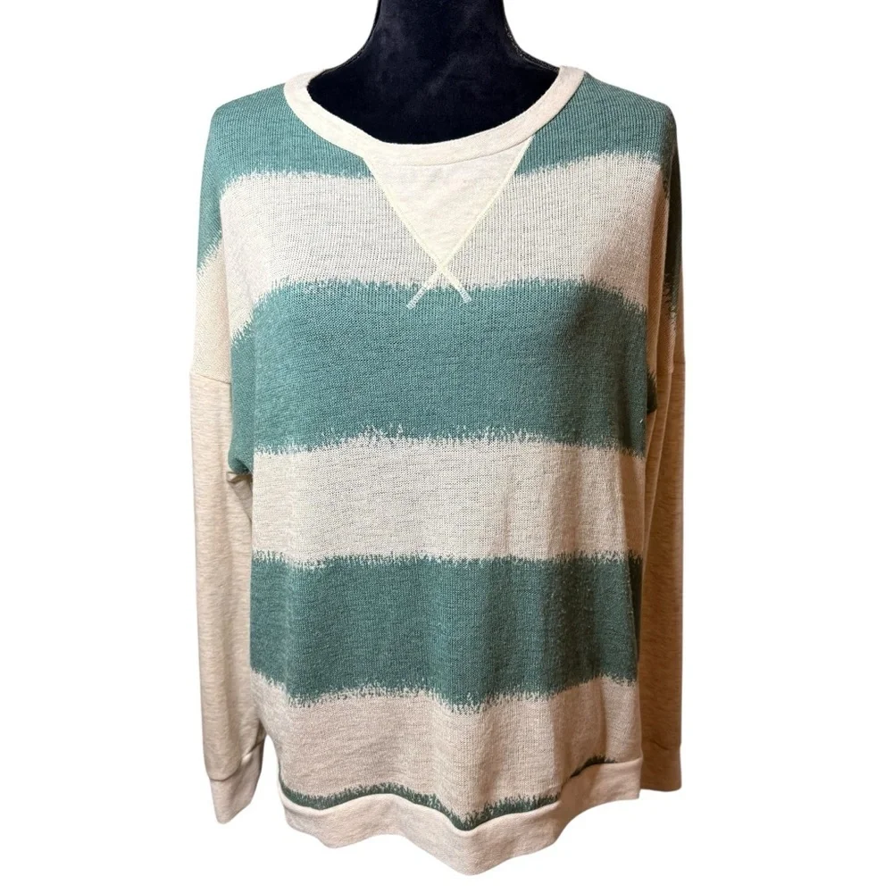 Teal and Cream Striped Sweater | Sz L - Picture 2 of 7